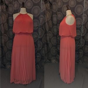 Pleated Coral Halter Maxi Dress